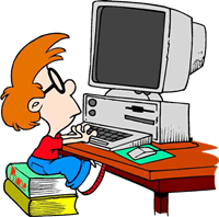 Шутливый рисунок - ребенок сидит на стопке книг перед настольным компьютером